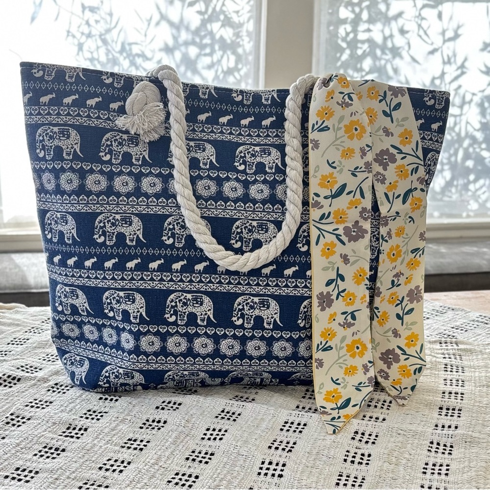 Elephant Print Canvas Tote Bag in Navy and White - Picture 10 of 10